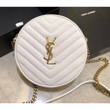 Saint Laurent VINYLE round camera bag in chevron-quilted grain de poudre embossed leather YSL610436-white