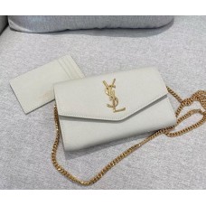 Saint Laurent UPTOWN chain wallet in grain de poudre embossed leather YSL607788-white