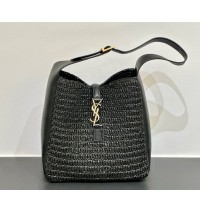 Saint Laurent LE 5 À 7 supple small in raffia and leather YSL823812-IC-black