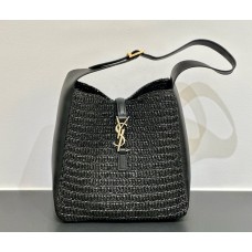 Saint Laurent LE 5 À 7 supple small in raffia and leather YSL823812-IC-black