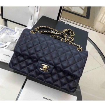 Chanel Small Classic Flap Bag in Dark Blue Lambskin with golden hardware