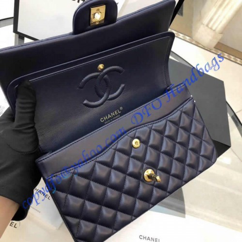 Chanel Small Classic Flap Bag in Dark Blue Lambskin with golden ...