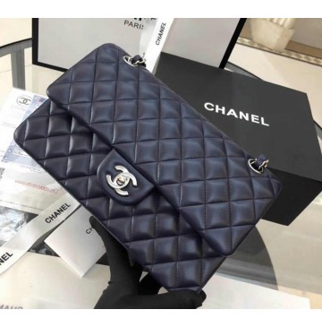 Chanel Small Classic Flap Bag in Dark Blue Lambskin with silver hardware