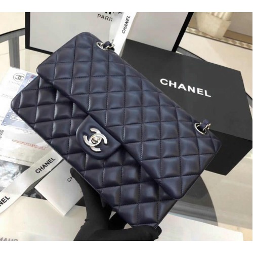 Chanel Small Classic Flap Bag in Dark Blue Lambskin with silver ...