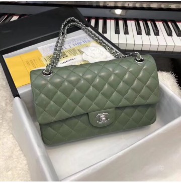Chanel Small Classic Flap Bag in Green Lambskin with silver hardware