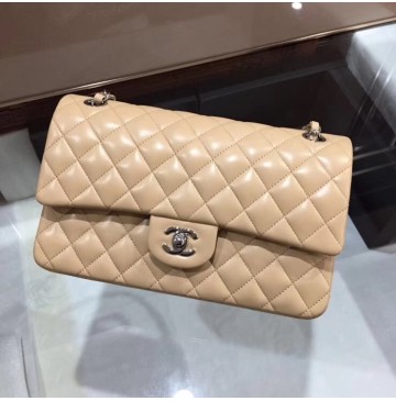 Chanel Small Classic Flap Bag in Tan Lambskin with silver hardware