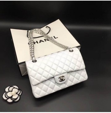 Chanel Small Classic Flap Bag in White Lambskin with silver hardware