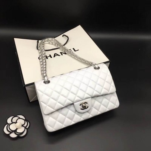 Chanel Small Classic Flap Bag in White Lambskin with silver hardware ...