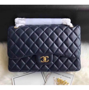 Chanel Jumbo Classic Flap Bag in Dark Blue Lambskin with golden hardware