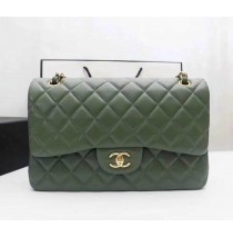 Chanel Jumbo Classic Flap Bag in Green Lambskin with golden hardware