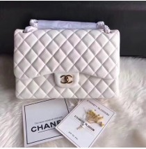 Chanel Jumbo Classic Flap Bag in White Lambskin with golden hardware