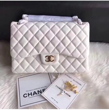 Chanel Jumbo Classic Flap Bag in White Lambskin with golden hardware