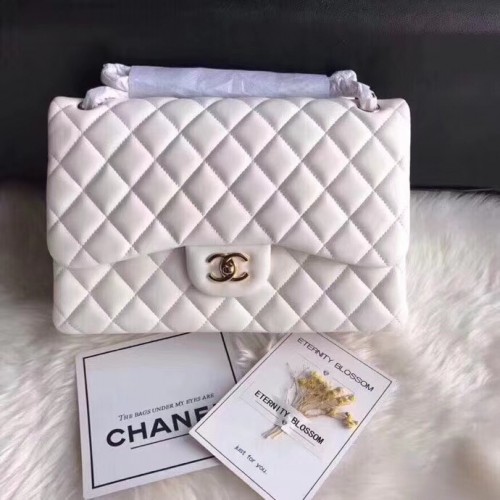 Chanel Jumbo Classic Flap Bag in White Lambskin with golden hardware ...