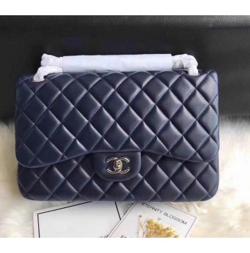 Chanel Jumbo Classic Flap Bag in Dark Blue Lambskin with silver hardware