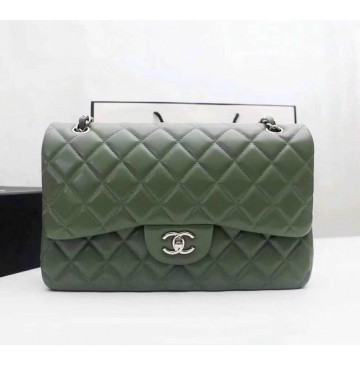 Chanel Jumbo Classic Flap Bag in Green Lambskin with silver hardware