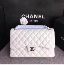 Chanel Jumbo Classic Flap Bag in White Lambskin with silver hardware