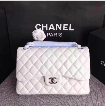 Chanel Jumbo Classic Flap Bag in White Lambskin with silver hardware