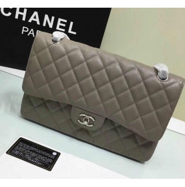 Chanel Jumbo Classic Flap Bag in Gray Caviar Leather with silver hardware