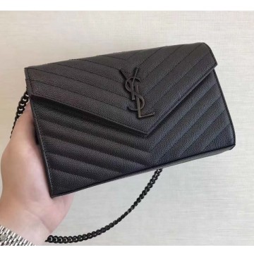 Saint Laurent Monogram Chain Wallet in Black Grain de Poudre Textured Matelasse Leather with Black-toned Hardware