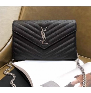 Monogram Saint Laurent Chain Wallet in Black Grain de Poudre Textured Matelasse Leather with Silver-metal Toned Hardware