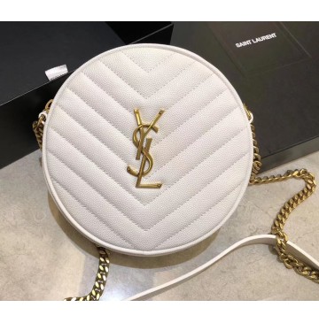 Saint Laurent VINYLE round camera bag in chevron-quilted grain de poudre embossed leather YSL610436-white