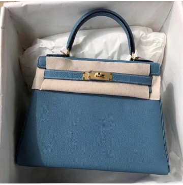 Hermes Kelly 28cm in Togo Leather Golden Hardware H5528G-bleu-jean