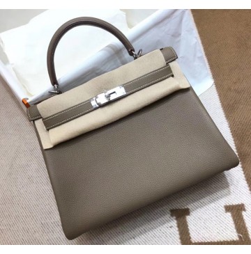 Hermes Kelly 28cm in Togo Leather Palladium Hardware H5528W-Etoupe