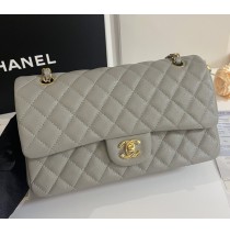 Chanel Small Classic Flap Bag in Gray Caviar Leather with golden hardware