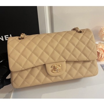 Chanel Small Classic Flap Bag in Tan Caviar Leather with golden hardware