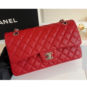 Chanel Small Classic Flap Bag in Red Caviar Leather with silver hardware