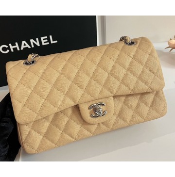 Chanel Small Classic Flap Bag in Tan Caviar Leather with silver hardware