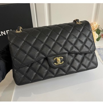 Chanel Jumbo Classic Flap Bag in Black Caviar Leather with golden hardware