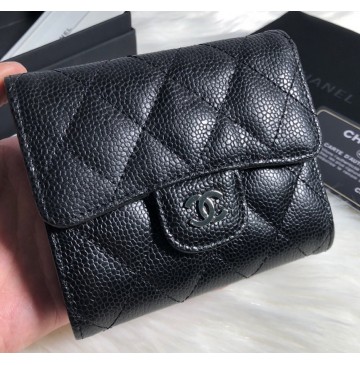 Chanel Quilted Tri-Fold Wallet in Caviar Leather CW82288-BB-black