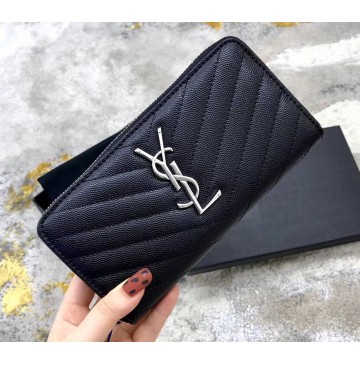 Saint Laurent Cassandre Matelasse Zip Around Wallet In Grain De Poudre Embossed Leather YW358094-B-black