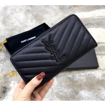 Saint Laurent Cassandre Matelasse Zip Around Wallet In Grain De Poudre Embossed Leather YW358094-C-black