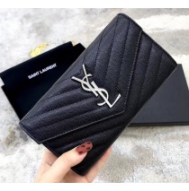 Saint Laurent Cassandre Matelasse Large Flap Wallet in Grain De Poudre Embossed Leather YW372264-B