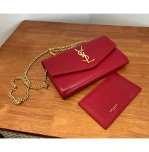Saint Laurent UPTOWN chain wallet in grain de poudre embossed leather YSL607788-red