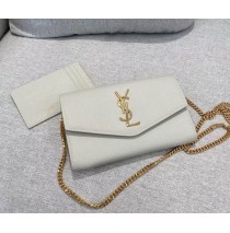 Saint Laurent UPTOWN chain wallet in grain de poudre embossed leather YSL607788-white
