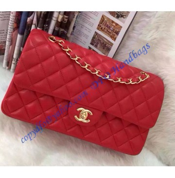 Chanel Small Classic Flap Bag in Red Lambskin with golden hardware