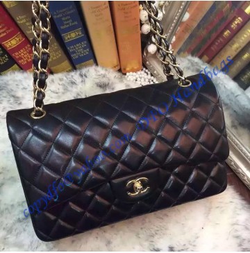 Chanel Jumbo Classic Flap Bag in Black Lambskin with golden hardware