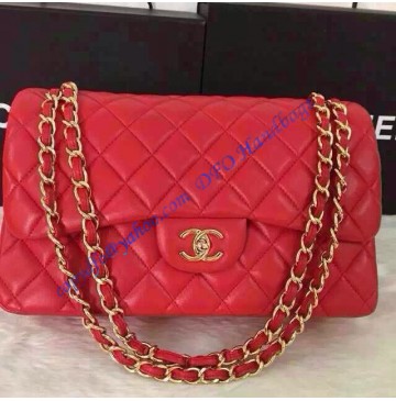 Chanel Jumbo Classic Flap Bag in Red Lambskin with golden hardware