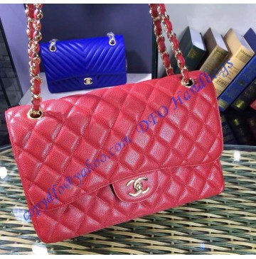 Chanel Jumbo Classic Flap Bag in Red Caviar Leather with golden hardware