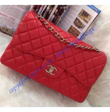 Chanel Jumbo Classic Flap Bag in Red Lambskin with silver hardware