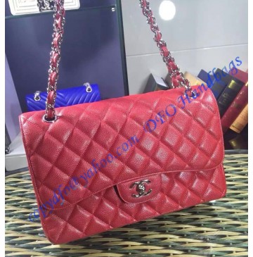 Chanel Jumbo Classic Flap Bag in Red Caviar Leather with silver hardware