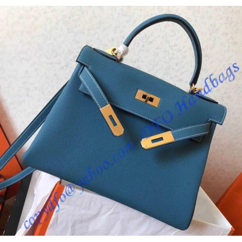 Hermes Kelly 32cm in Blue Jean Togo Leather Golden Hardware