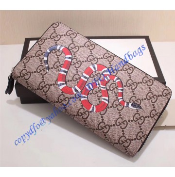 Gucci Kingsnake Print GG Supreme Zip Around Wallet with Black Leather Trim