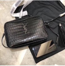 Lou Camera Bag in Matte black Crocodile-Embossed Leather