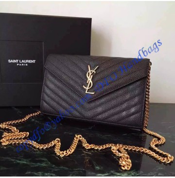 Monogram Saint Laurent Chain Wallet in Black Grain de Poudre Textured Matelasse Leather with Gold-toned Hardware