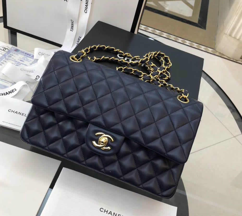 Chanel Small Classic Flap Bag in Dark Blue Lambskin with golden ...