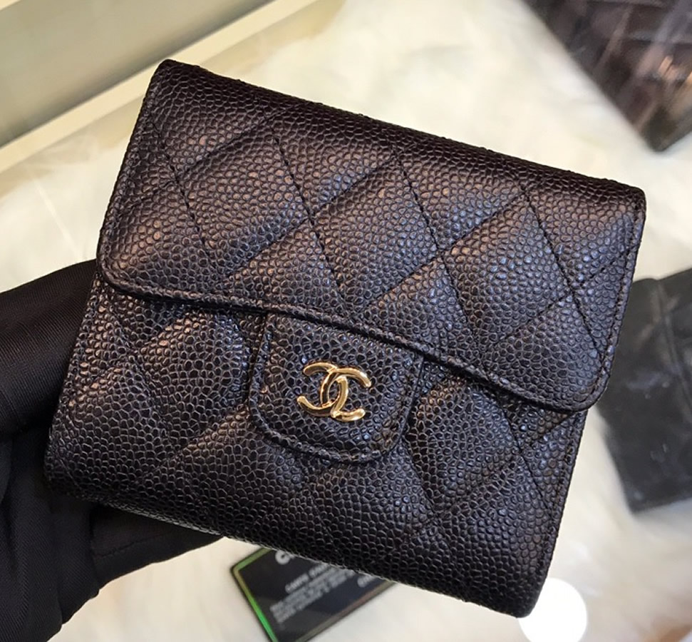 Chanel Quilted TriFold Wallet in Caviar Leather CW82288ABblack